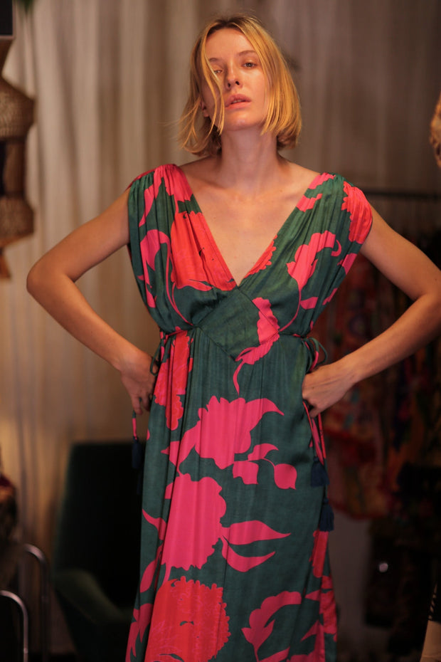 VICTORIA SILK DRESS VERMILION VINES