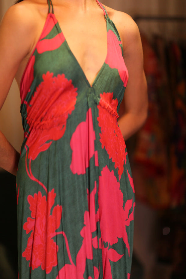 SILK DRESS HANNAH PINK GREEN TROPIC