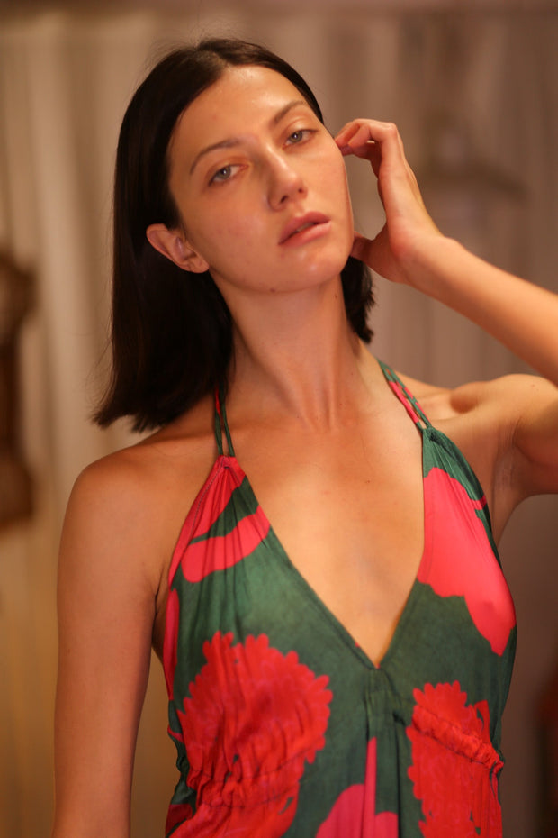 SILK DRESS HANNAH PINK GREEN TROPIC