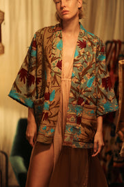 GINEVRA EMBROIDERED KANTHA KIMONO RED AND BLUE