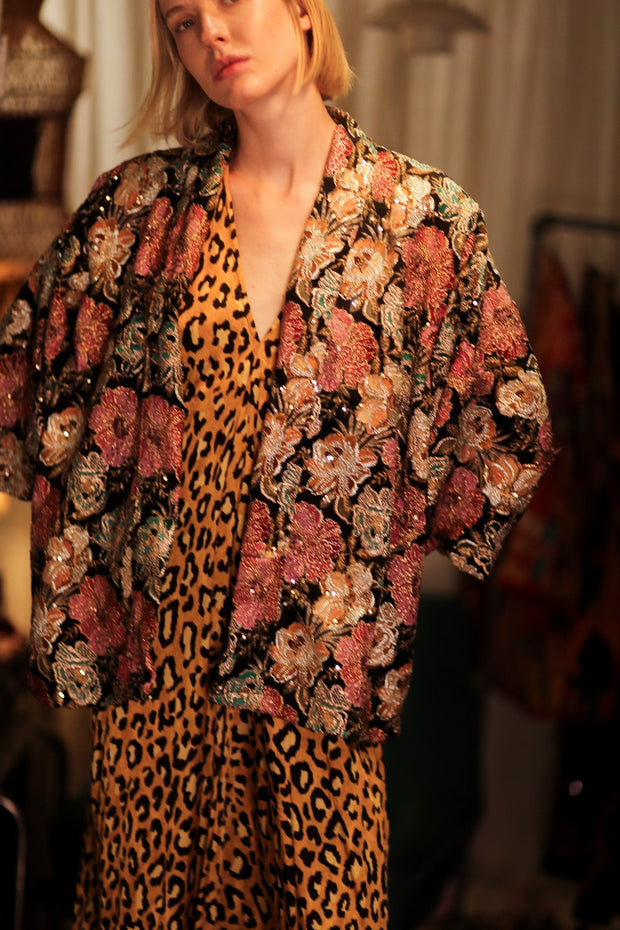 CARINE EMBROIDERED SILK KIMONO MULTI FLOWER