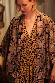 CARINE EMBROIDERED SILK KIMONO BLACK AND PINK