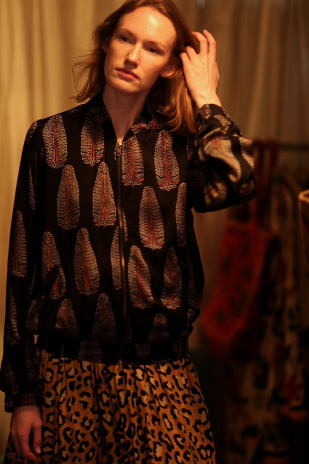 ANCHA SILK BOMBER BLACK FEATHER - sustainably made MOMO NEW YORK sustainable clothing, bomber slow fashion