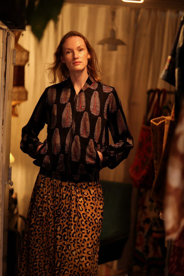 ANCHA SILK BOMBER BLACK FEATHER - sustainably made MOMO NEW YORK sustainable clothing, bomber slow fashion