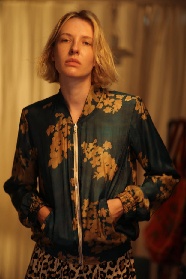 ANCHA SILK BOMBER JACKET GOLDEN VINES - sustainably made MOMO NEW YORK sustainable clothing, bomber slow fashion