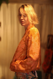 ANCHA SILK BOMBER JACKET ORANGE FLOWER - sustainably made MOMO NEW YORK sustainable clothing, bomber slow fashion