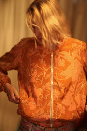 ANCHA SILK BOMBER JACKET ORANGE FLOWER - sustainably made MOMO NEW YORK sustainable clothing, bomber slow fashion