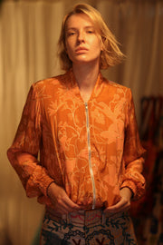ANCHA SILK BOMBER JACKET ORANGE FLOWER - sustainably made MOMO NEW YORK sustainable clothing, bomber slow fashion
