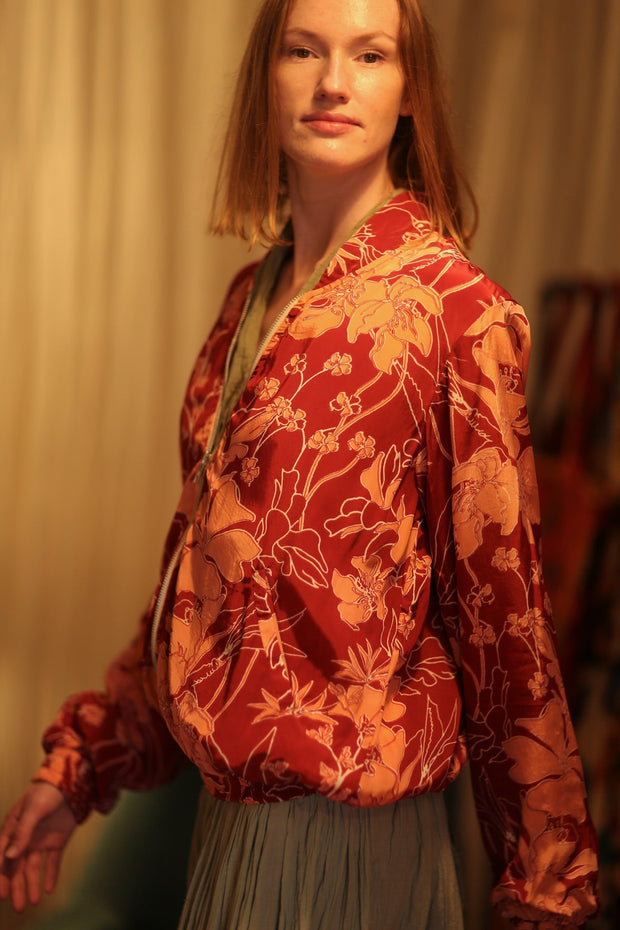 ANCHA SILK BOMBER JACKET RED JUNGLE - sustainably made MOMO NEW YORK sustainable clothing, bomber slow fashion