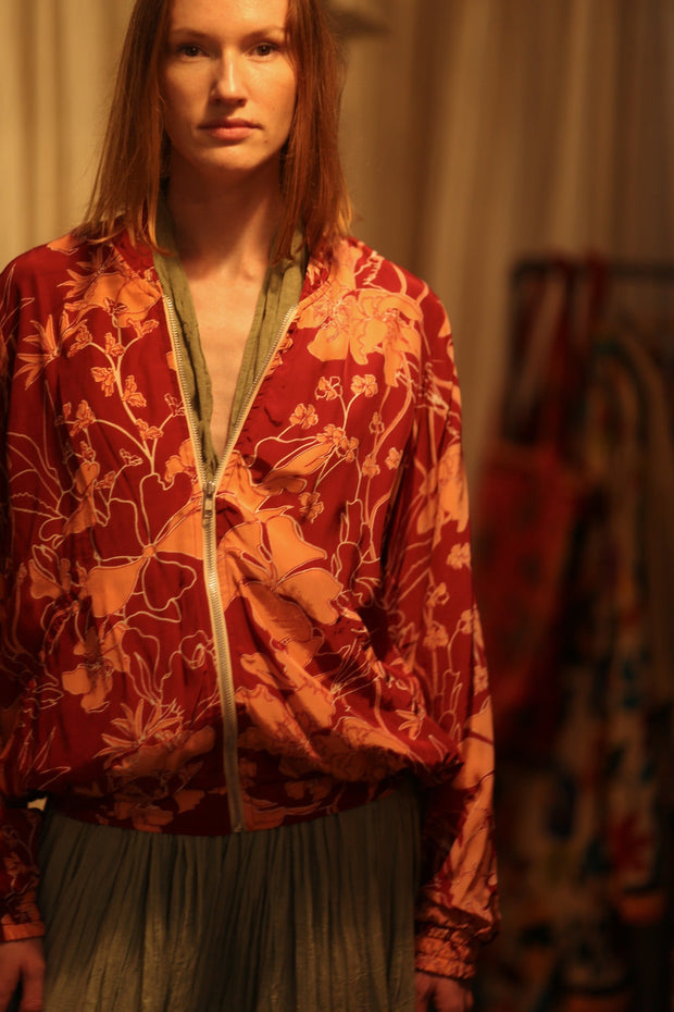 ANCHA SILK BOMBER JACKET RED JUNGLE - sustainably made MOMO NEW YORK sustainable clothing, bomber slow fashion