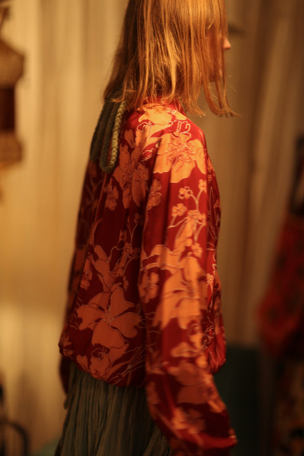 ANCHA SILK BOMBER JACKET RED JUNGLE - sustainably made MOMO NEW YORK sustainable clothing, bomber slow fashion