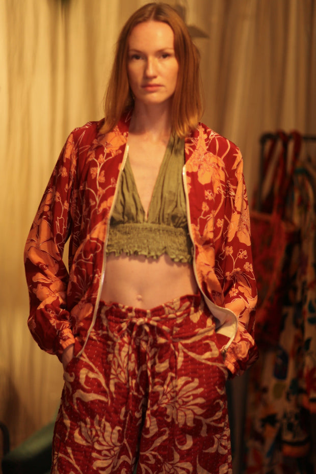 ANCHA SILK BOMBER JACKET RED JUNGLE - sustainably made MOMO NEW YORK sustainable clothing, bomber slow fashion