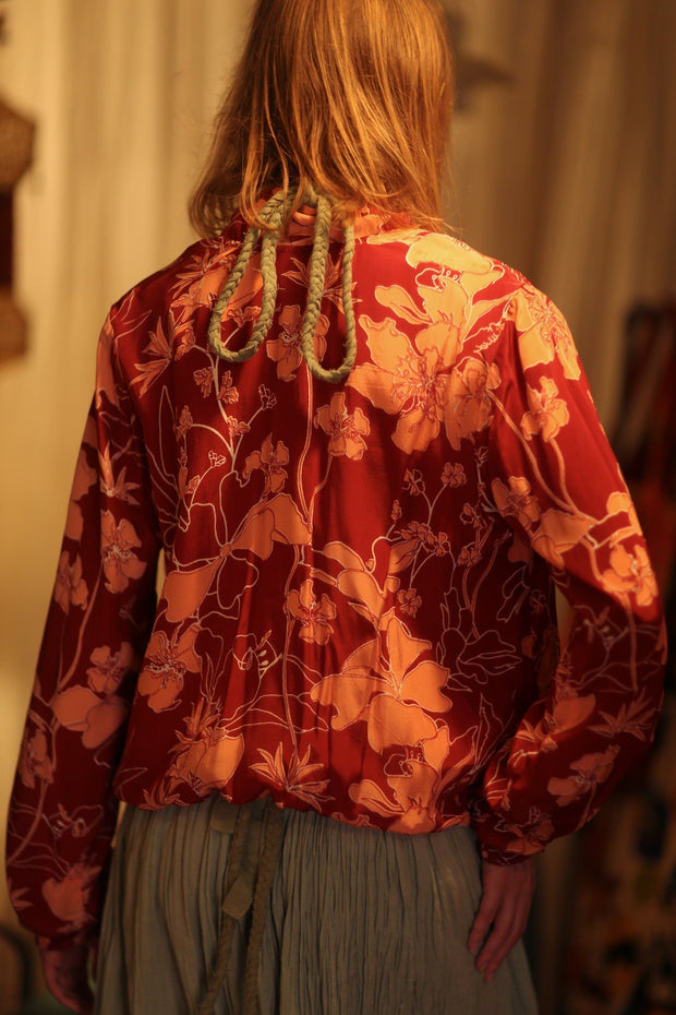 ANCHA SILK BOMBER JACKET RED JUNGLE - sustainably made MOMO NEW YORK sustainable clothing, bomber slow fashion