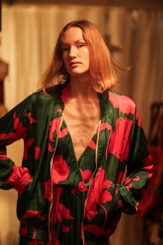 ANCHA SILK BOMBER PINK VINES - sustainably made MOMO NEW YORK sustainable clothing, bomber slow fashion