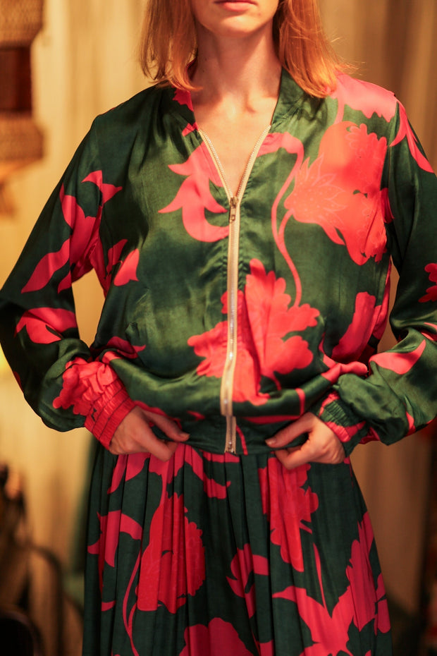 ANCHA SILK BOMBER PINK VINES - sustainably made MOMO NEW YORK sustainable clothing, bomber slow fashion