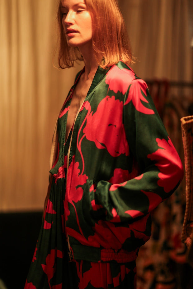ANCHA SILK BOMBER PINK VINES - sustainably made MOMO NEW YORK sustainable clothing, bomber slow fashion