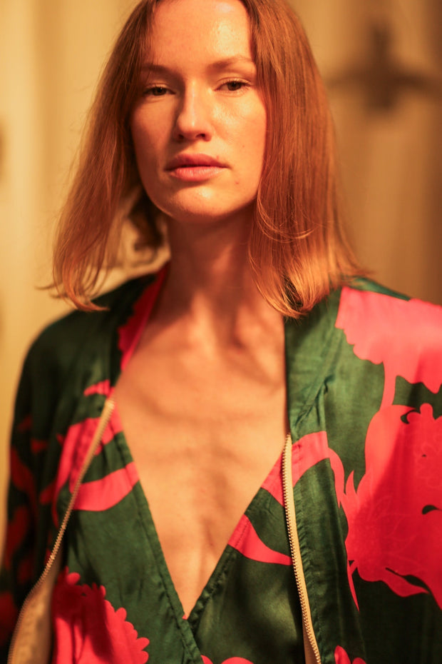 ANCHA SILK BOMBER PINK VINES - sustainably made MOMO NEW YORK sustainable clothing, bomber slow fashion