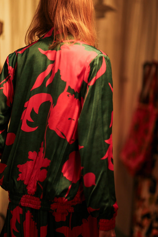 ANCHA SILK BOMBER PINK VINES - sustainably made MOMO NEW YORK sustainable clothing, bomber slow fashion