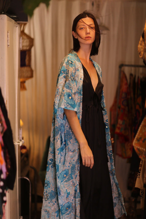 ANDREA EMBROIDERED KIMONO SKY BLUE - sustainably made MOMO NEW YORK sustainable clothing, Coat slow fashion