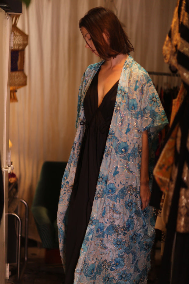ANDREA EMBROIDERED KIMONO SKY BLUE - sustainably made MOMO NEW YORK sustainable clothing, Coat slow fashion