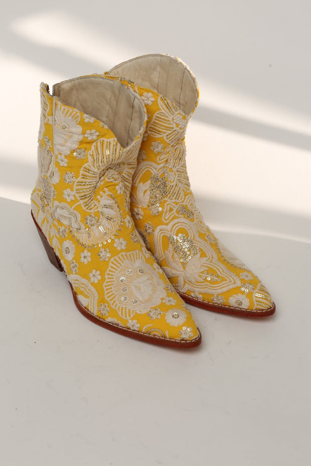 BANANA EMBROIDERED COWBOY BOOTS - sustainably made MOMO NEW YORK sustainable clothing, ankle boots slow fashion