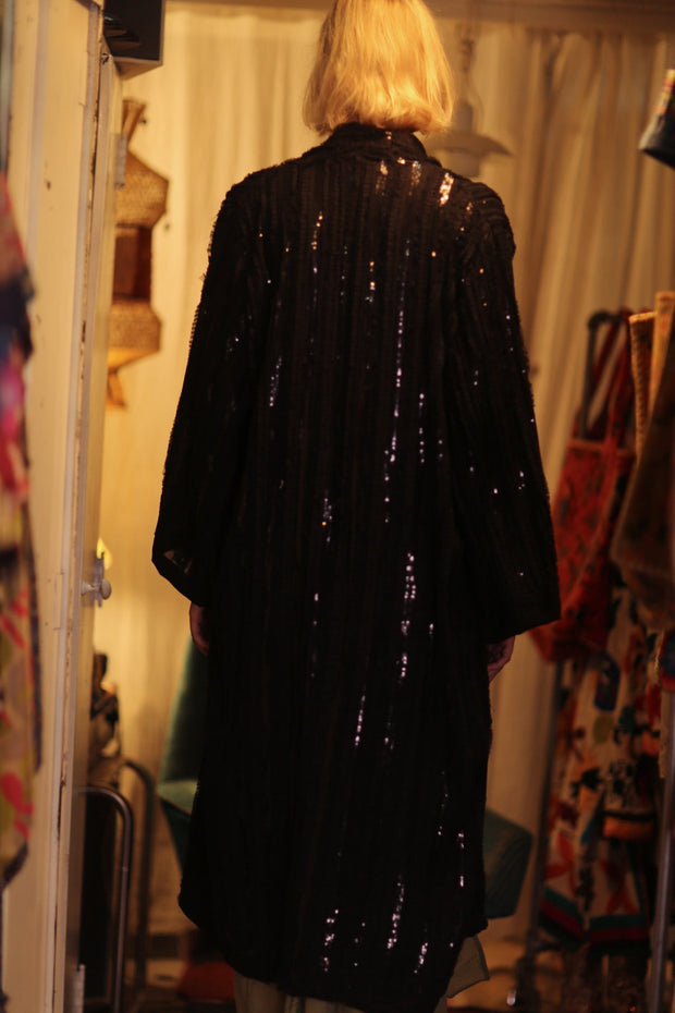BLACK FRILL SEQUIN EMBROIDERED KIMONO ISAI - sustainably made MOMO NEW YORK sustainable clothing, embellished slow fashion
