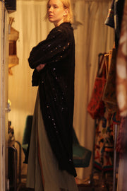 BLACK FRILL SEQUIN EMBROIDERED KIMONO ISAI - sustainably made MOMO NEW YORK sustainable clothing, embellished slow fashion