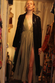 BLACK FRILL SEQUIN EMBROIDERED KIMONO ISAI - sustainably made MOMO NEW YORK sustainable clothing, embellished slow fashion