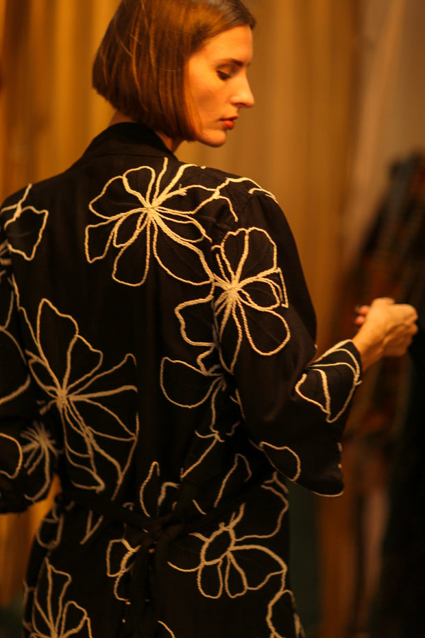 BLACK LINEN EMBROIDERED KIMONO MARIETTA - sustainably made MOMO NEW YORK sustainable clothing, bestseller slow fashion