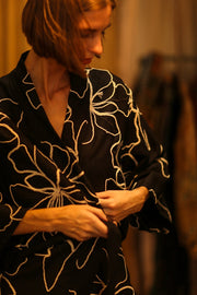 BLACK LINEN EMBROIDERED KIMONO MARIETTA - sustainably made MOMO NEW YORK sustainable clothing, bestseller slow fashion