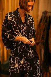 BLACK LINEN EMBROIDERED KIMONO MARIETTA - sustainably made MOMO NEW YORK sustainable clothing, bestseller slow fashion