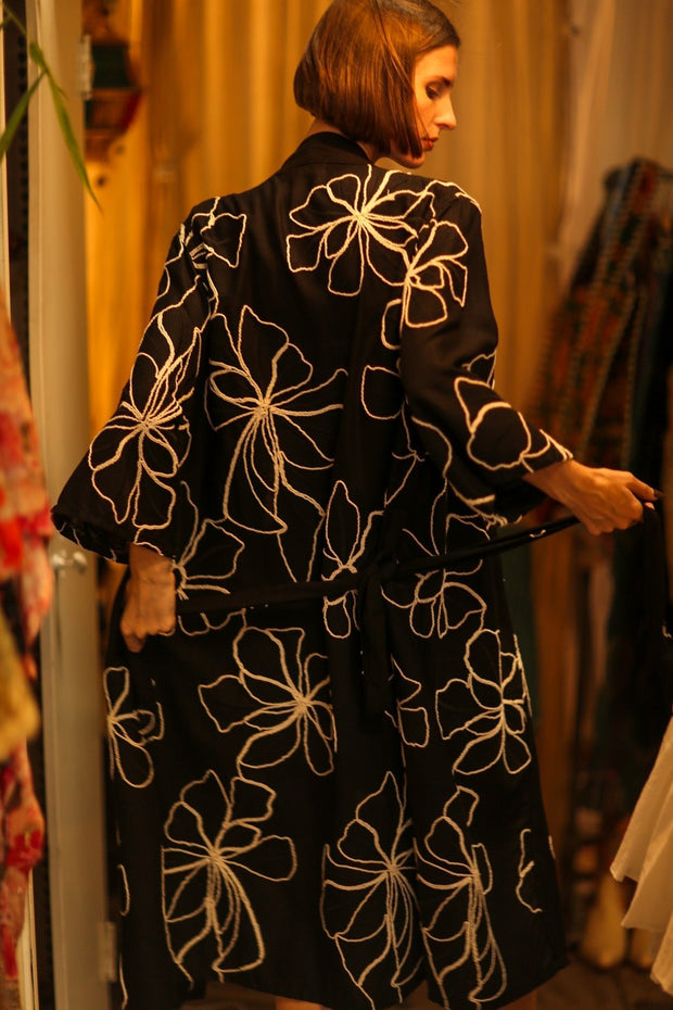 BLACK LINEN EMBROIDERED KIMONO MARIETTA - sustainably made MOMO NEW YORK sustainable clothing, bestseller slow fashion