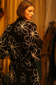 BLACK LINEN EMBROIDERED KIMONO MARIETTA - sustainably made MOMO NEW YORK sustainable clothing, bestseller slow fashion