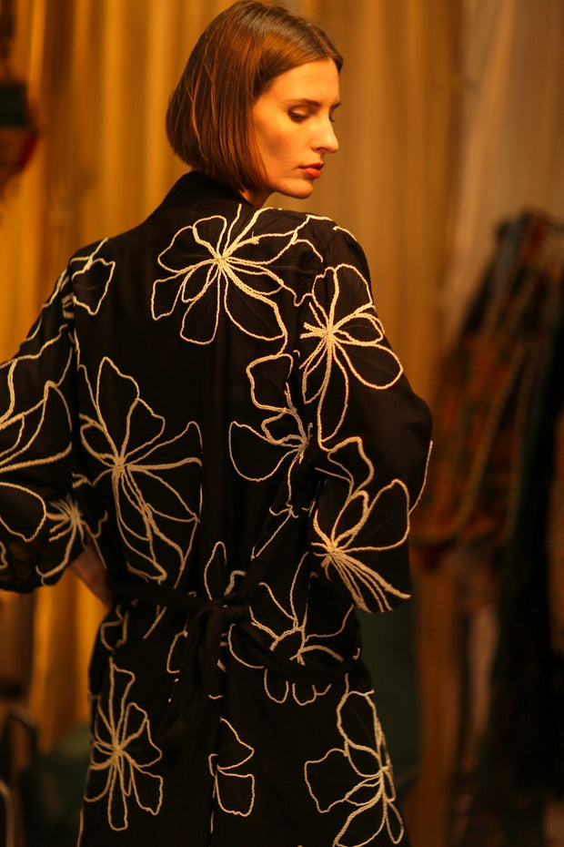 BLACK LINEN EMBROIDERED KIMONO MARIETTA - sustainably made MOMO NEW YORK sustainable clothing, bestseller slow fashion