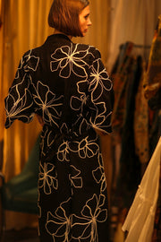 BLACK LINEN EMBROIDERED KIMONO MARIETTA - sustainably made MOMO NEW YORK sustainable clothing, bestseller slow fashion