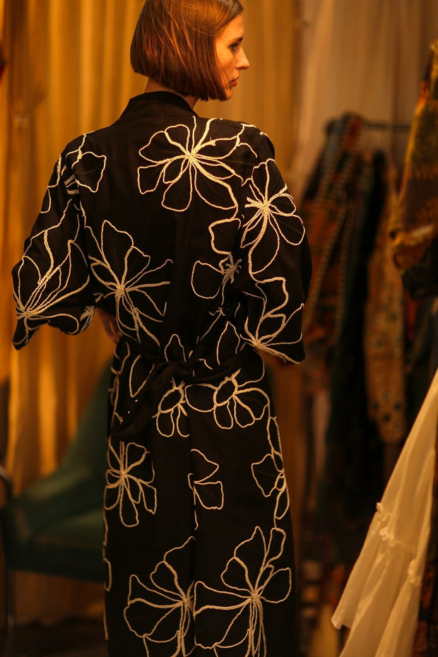 BLACK LINEN EMBROIDERED KIMONO MARIETTA - sustainably made MOMO NEW YORK sustainable clothing, bestseller slow fashion