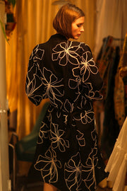 BLACK LINEN EMBROIDERED KIMONO MARIETTA - sustainably made MOMO NEW YORK sustainable clothing, bestseller slow fashion