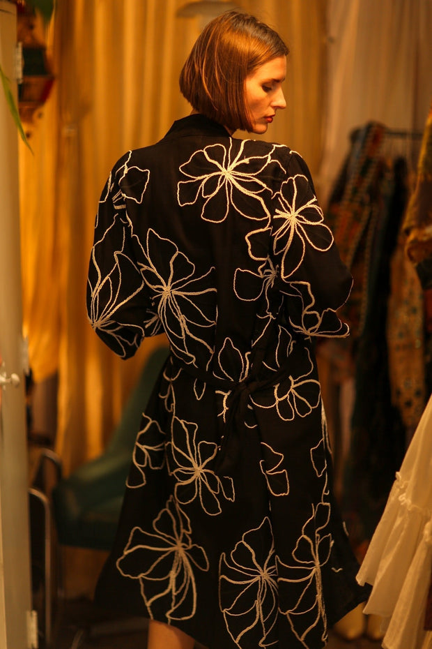 BLACK LINEN EMBROIDERED KIMONO MARIETTA - sustainably made MOMO NEW YORK sustainable clothing, bestseller slow fashion