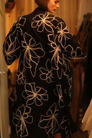 BLACK LINEN EMBROIDERED KIMONO MARIETTA - sustainably made MOMO NEW YORK sustainable clothing, bestseller slow fashion