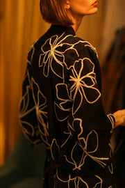 BLACK LINEN EMBROIDERED KIMONO MARIETTA - sustainably made MOMO NEW YORK sustainable clothing, bestseller slow fashion
