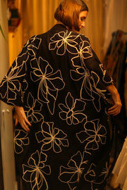 BLACK LINEN EMBROIDERED KIMONO MARIETTA - sustainably made MOMO NEW YORK sustainable clothing, bestseller slow fashion