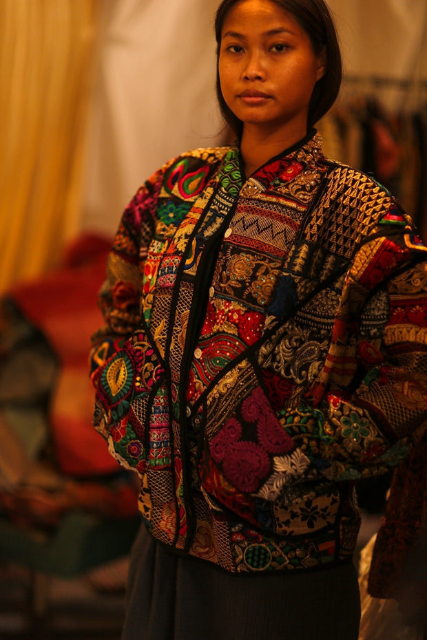 BLACK PATCHWORK JACKET FRINA - sustainably made MOMO NEW YORK sustainable clothing, bestseller slow fashion