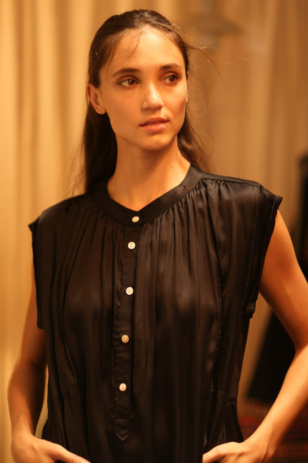 BLACK SILK DRESS MARY - sustainably made MOMO NEW YORK sustainable clothing, dresskaftan slow fashion