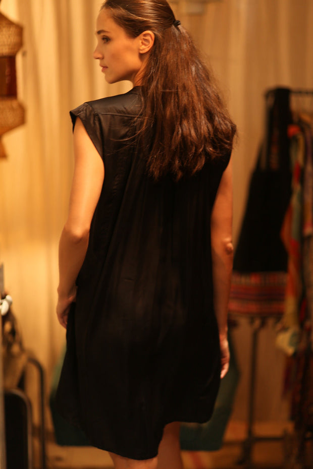BLACK SILK DRESS MARY - sustainably made MOMO NEW YORK sustainable clothing, dresskaftan slow fashion