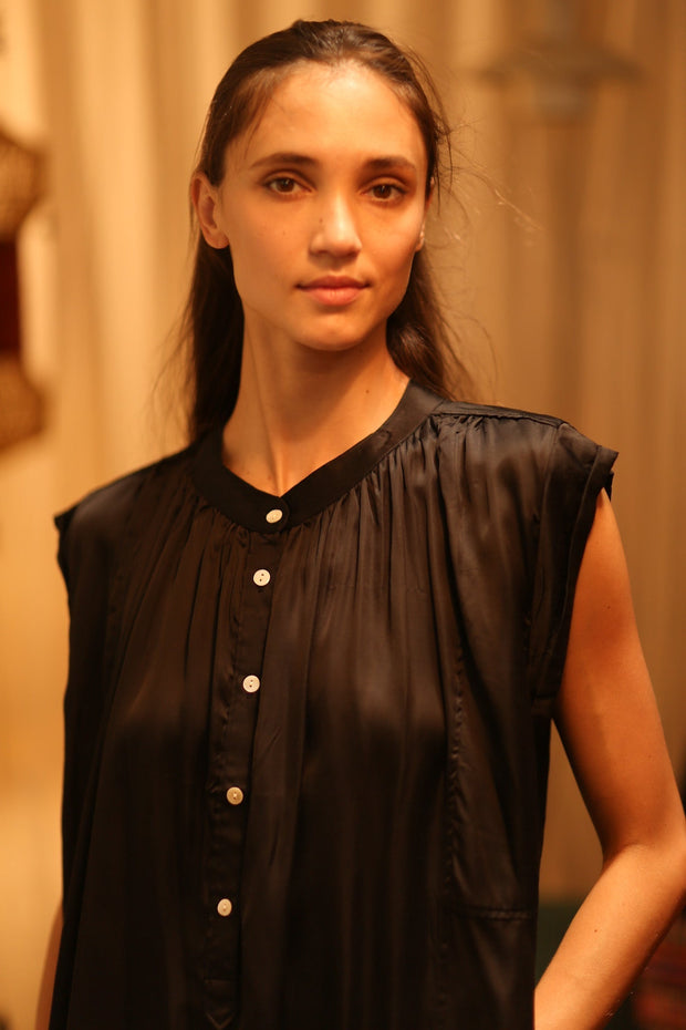 BLACK SILK DRESS MARY - sustainably made MOMO NEW YORK sustainable clothing, dresskaftan slow fashion