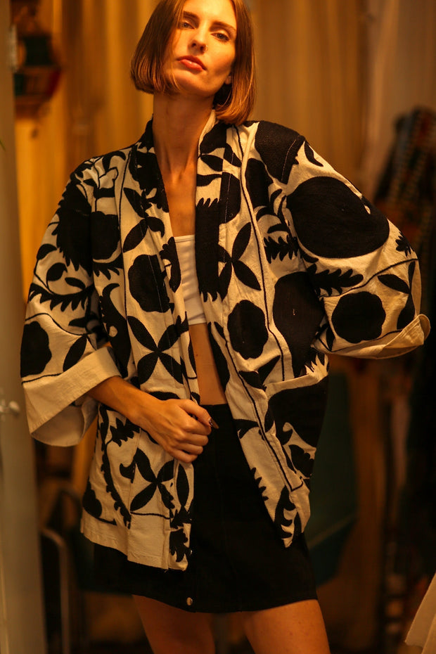 BLACK WHITE SUZANI KIMONO DRISA - sustainably made MOMO NEW YORK sustainable clothing, bestseller slow fashion