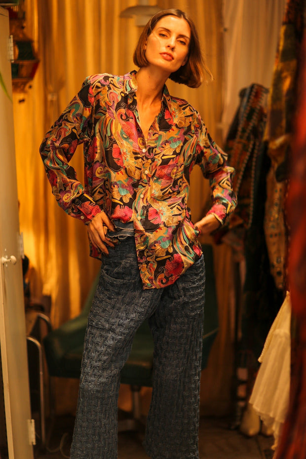 BOYFRIEND BILLIE BLACK OCEAN FLOWERS - sustainably made MOMO NEW YORK sustainable clothing, boyfrend shirt slow fashion