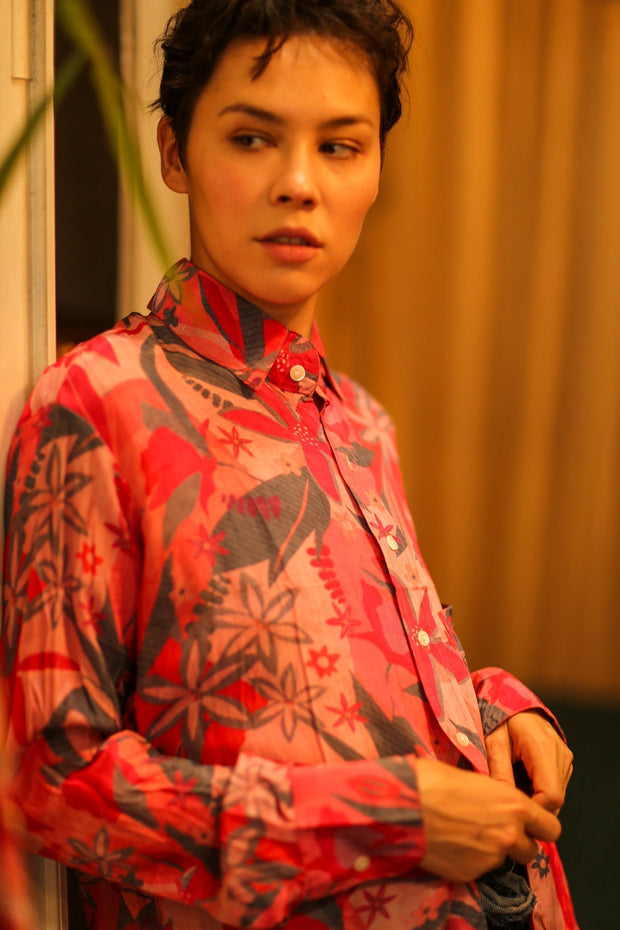 BOYFRIEND BILLIE LIGHT RED JUNGLE - sustainably made MOMO NEW YORK sustainable clothing, boyfrend shirt slow fashion