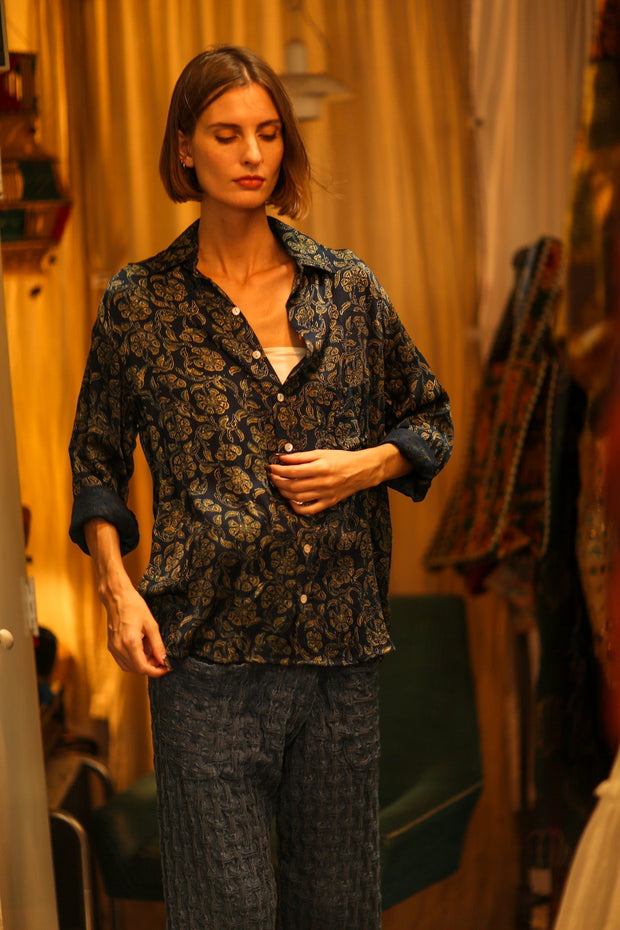 BOYFRIEND BILLIE NAVY BLUE FLOWER - sustainably made MOMO NEW YORK sustainable clothing, boyfrend shirt slow fashion