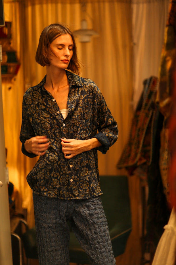BOYFRIEND BILLIE NAVY BLUE FLOWER - sustainably made MOMO NEW YORK sustainable clothing, boyfrend shirt slow fashion